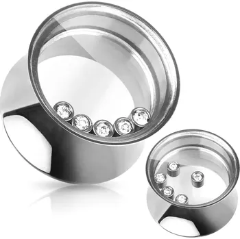 Piercing Sedlový tunel do ucha z oceli 316L, pohyblivé čiré zirkony ve vnitřní části - Tloušťka : 14 mm