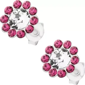 Náušnice Stříbrné náušnice 925, blýskavý květ z čirých a růžových krystalů Preciosa