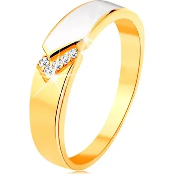 Prsten Prsten ze žlutého 14K zlata - lesklý pás bílé glazury, čiré zirkonky - Velikost: 49