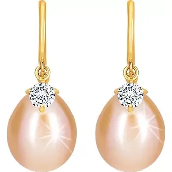 Náušnice Diamantové náušnice ve žlutém 14K zlatě - lesklý oblouček, oválná perla a briliant