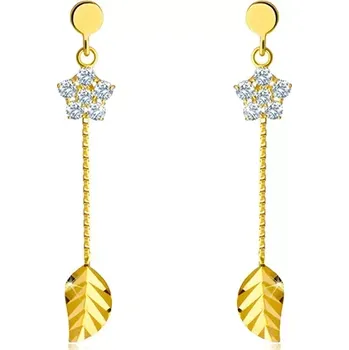 Náušnice Visací náušnice ze 14K zlata - čirý zirkonový kvítek s okvětními lístky a blýskavý list