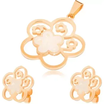 Souprava šperků Zlatý set z oceli, náušnice a přívěsek, vyřezávaný květ s perletí