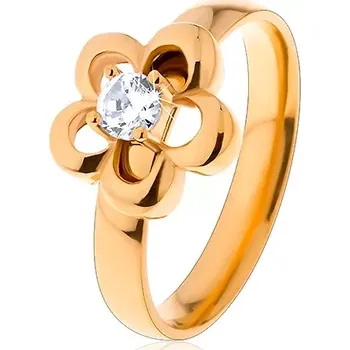 Prsten Ocelový prsten ve zlatém odstínu, kvítek, vyvýšený kulatý zirkon čiré barvy - Velikost: 52