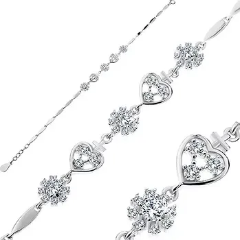 Náramek Stříbrný náramek 925, zirkonová srdíčka a květy, lesklé úzké články