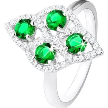 Prsten Stříbrný prsten 925, oblý kosočtverec, čtyři kulaté zelené zirkony, čirý lem - Velikost: 57
