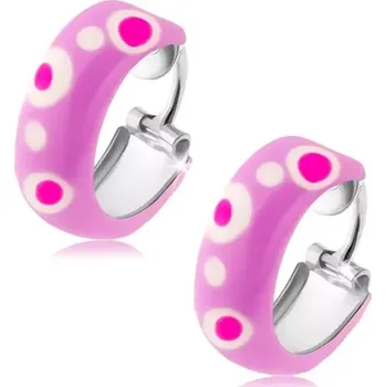 Náušnice Kruhové stříbrné náušnice 925, fialová glazura, růžové a bílé tečky