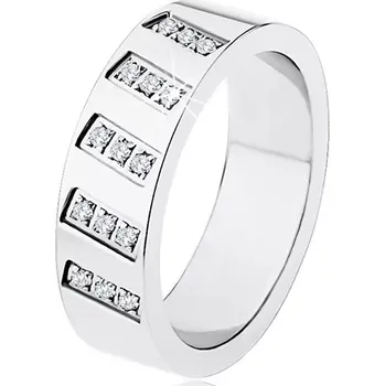 Prsten Ocelový prsten stříbrné barvy, zrcadlový lesk, šikmé linie zirkonů - Velikost: 70