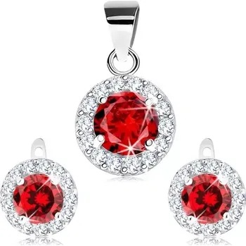 Souprava šperků Stříbrný 925 set z náušnic a přívěsku, broušený červený zirkon a čirý lem