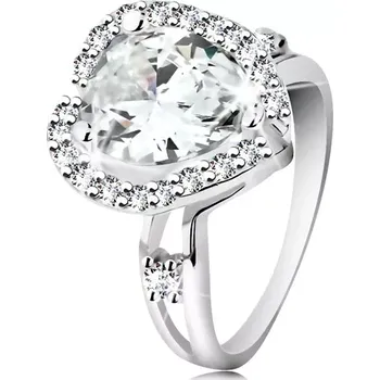 Prsten Stříbrný prsten 925, rozdvojená ramena, velká broušená slza, zvlněný lem - Velikost: 52