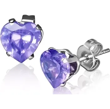 Náušnice Puzetové náušnice z oceli stříbrné barvy, fialové zirkonové srdíčko, 7 mm