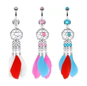 Piercing Ocelový piercing do pupíku, lapač snů s korálkem, tři zirkony a barevná pírka - Barva piercing: Aqua