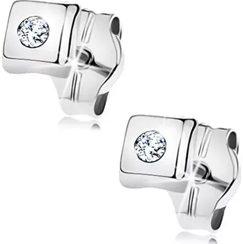 Náušnice Diamantové náušnice z bílého 14K zlata - lesklý čtvereček, briliant čiré barvy