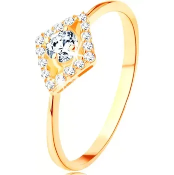 Prsten Prsten ze žlutého 14K zlata - kulatý čirý zirkon v blýskavém obrysu kosočtverce - Velikost: 57