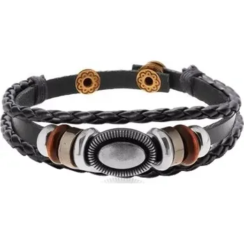 Náramek Náramek z černých kožených pásů s korálky z kovu a ze dřeva, ovál s vroubky