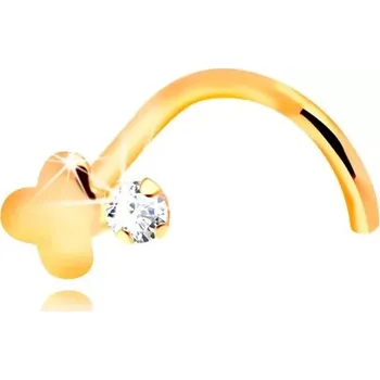 Piercing Zahnutý piercing do nosu, žluté 14K zlato, čirý zirkon a lesklý křížek