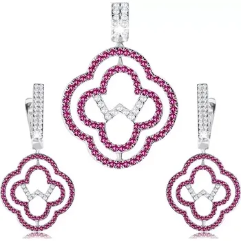 Náušnice Set náušnic a přívěsku, stříbro 925, obrysy květů, čiré a růžové zirkony