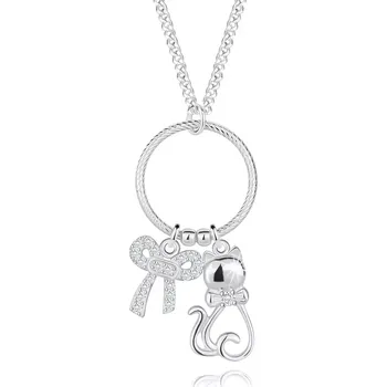 Náhrdelník Náhrdelník ze stříbra 925 - obrys kočky, mašlička, kroužek se zářezy, čiré zirkony