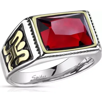 Prsten Ocelový prsten ve stříbrném provedení s červeným křišťálem - ornament na boku, černá glazura, 13 mm - Velikost: 57