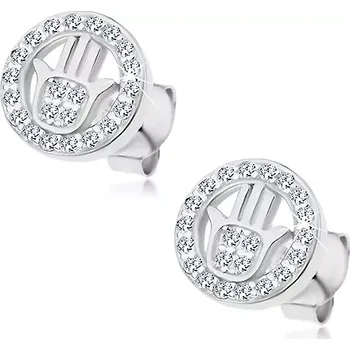 Náušnice Puzetové náušnice - stříbro 925, Fatimina ruka v kruhu, čiré zirkonky