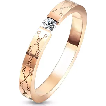 Prsten Snubní prsten z oceli - čirý zirkon, měděná barva, jemné gravírování - Velikost: 49