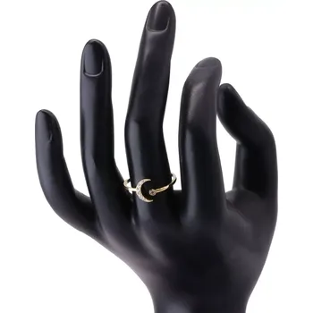 Prsten Prsten ze 14K zlata - měsíc ozdobený zirkony, kulatý zirkon v objímce, otevřená ramena - Velikost: 51