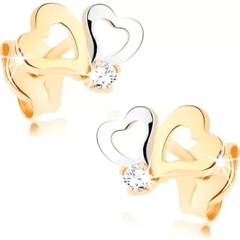 Náušnice Diamantové náušnice ze zlata 585 - dvoubarevné kontury srdcí, čirý briliant