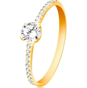 Prsten Prsten ze žlutého 14K zlata - kulatý čirý zirkon, tenké zirkonové linie po stranách - Velikost: 54