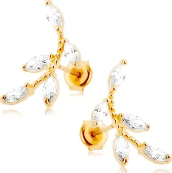 Náušnice Náušnice ve žlutém 14K zlatě - blýskavá větvička, čiré zirkonové lístečky