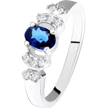 Prsten Lesklý prsten - stříbro 925, tmavě modrý oválný zirkon, čiré kamínky - Velikost: 58