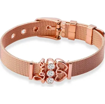 Náramek Síťovaný náramek z 316L oceli v měděné barvě, propojená srdíčka, zirkony a nápis "LOVE"