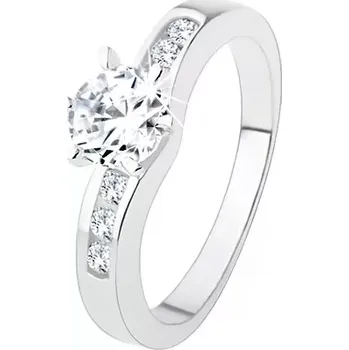Prsten Stříbrný prsten 925, kulatý čirý zirkon, zdobená ramena prstenu - Velikost: 60