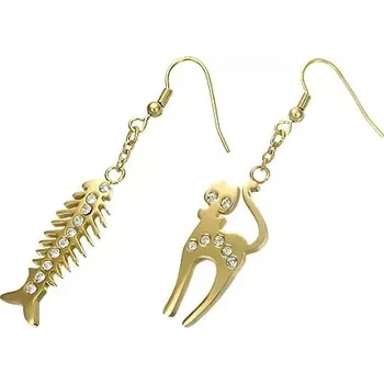 Náušnice Ocelové náušnice zlaté barvy - kočka a rybí kost, čiré zirkonky