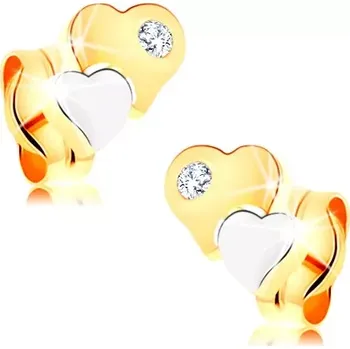 Náušnice Náušnice ze 14K zlata - dvoubarevná lesklá srdíčka, čirý zirkonek