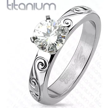 Prsten Titanový prsten stříbrné barvy, kulatý čirý zirkon, zdobená ramena - Velikost: 49