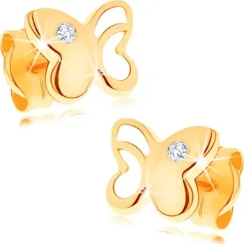 Náušnice Diamantové zlaté náušnice 585 - lesklý motýl s vyřezávanou částí, čirý briliant