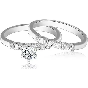 Prsten Dvojdílná stříbrná 925 sada prstýnků - vystupující linie zirkonů, kulatý čirý zirkon - Velikost: 54