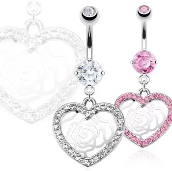 Piercing Piercing do pupíku z oceli - zirkonové srdce, růže - Barva: Růžová