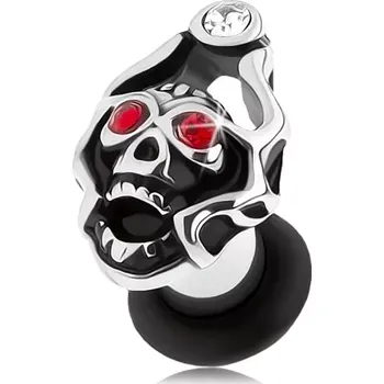 Piercing Plug do ucha z oceli 316L, lebka s korunou, zirkony červené a čiré barvy - Tloušťka : 6 mm