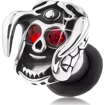Piercing Ocelový plug do ucha, lebka s přilbou a rohy, červené zirkony, patina - Tloušťka : 8 mm