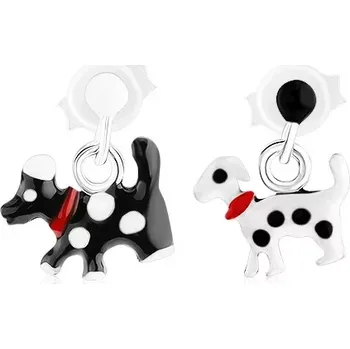 Náušnice Puzetové stříbrné náušnice 925, visící pejsek s puntíky a obojkem - Barva: Bílá