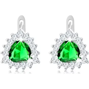 Náušnice Stříbrné náušnice 925, zelený broušený trojúhelník, blýskavé čiré zirkonky po obvodu
