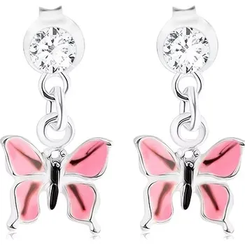 Náušnice Náušnice ze stříbra 925, růžový glazovaný motýlek, krystalek od Swarovského