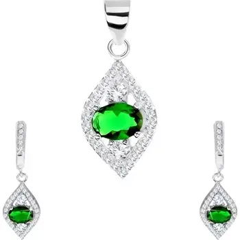 Náušnice Stříbrná sada 925 - přívěsek a náušnice, špičaté zrnko, zelený ovál - zirkon