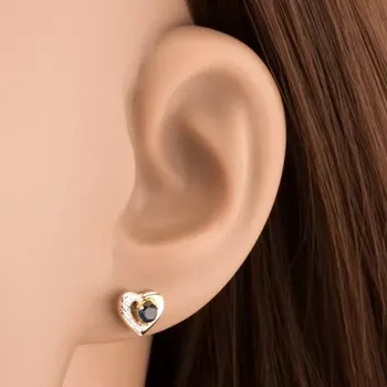 Náušnice Zlaté náušnice 585 - dvoubarevný obrys srdce, gravírování, modrý safír