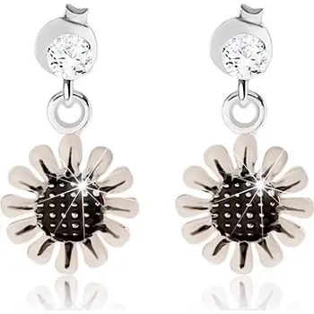 Náušnice Stříbrné náušnice 925, květ s černým středem a bílými lupínky, zirkon