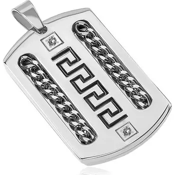 Přívěsek Přívěsek z oceli stříbrné barvy - dva řetízky, řecký klíč, čiré zirkony