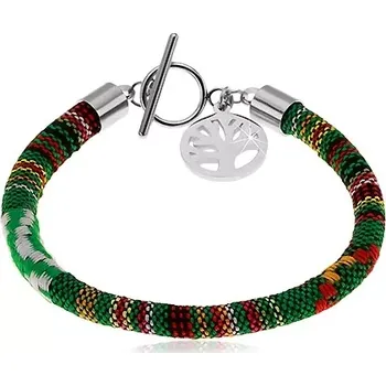 Náramek Zelený náramek vyšívaný barevnými nitkami, ocelový přívěsek - strom života