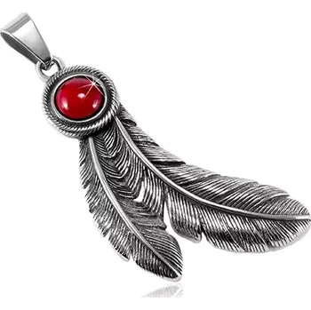 Přívěsek Ocelový patinovaný přívěsek, kulatý červený kamínek a indiánská pírka