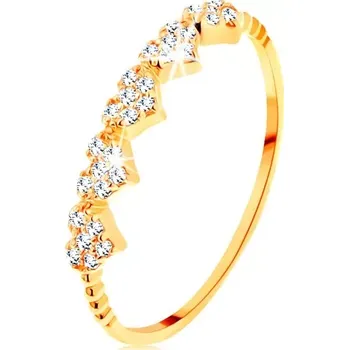 Prsten Prsten ve žlutém 14K zlatě - malá blýskavá srdíčka, kuličky na ramenech - Velikost: 62