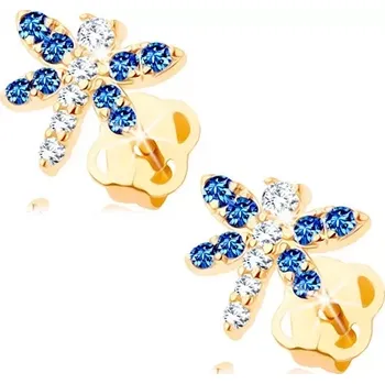 Náušnice Zlaté náušnice 14K ve tvaru vážky s modrými a čirými zirkony